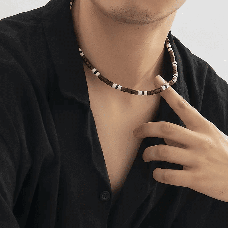 BROWN TIGER COCO - Seed Beaded Necklace - Brown and White Puka Shells - Stylish Necklace for Men and Boys (21 inches with adjustable cable chain) - THE MEN THING