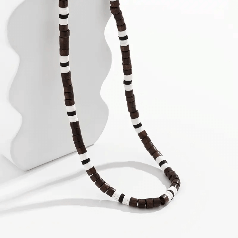 BROWN TIGER COCO - Seed Beaded Necklace - Brown and White Puka Shells - Stylish Necklace for Men and Boys (21 inches with adjustable cable chain) - THE MEN THING