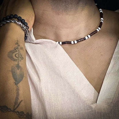 BROWN TIGER COCO - Seed Beaded Necklace - Brown and White Puka Shells - Stylish Necklace for Men and Boys (21 inches with adjustable cable chain) - THE MEN THING