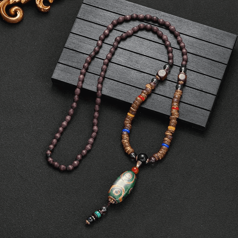 BUDDHIST MALA - Wood Bead Necklace -  Green Agate Large Dzi Pendant & Necklace Ethnic Long necklace for Men & Boys  (36 Inch) - THE MEN THING