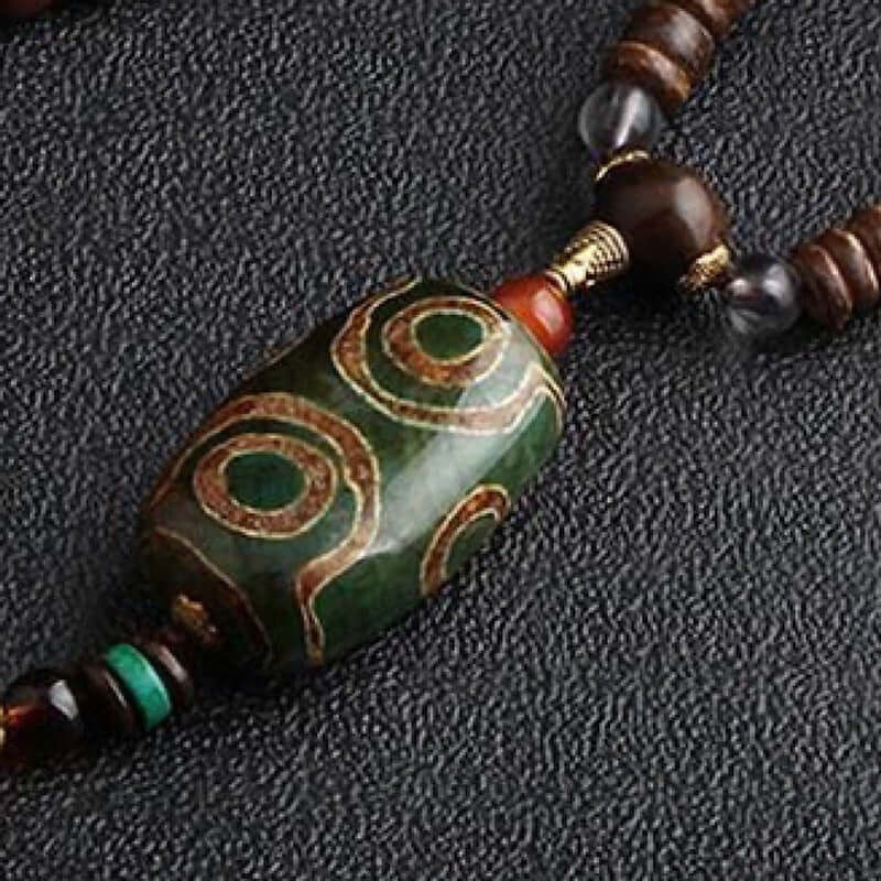 BUDDHIST MALA - Wood Bead Necklace -  Green Agate Large Dzi Pendant & Necklace Ethnic Long necklace for Men & Boys  (36 Inch) - THE MEN THING