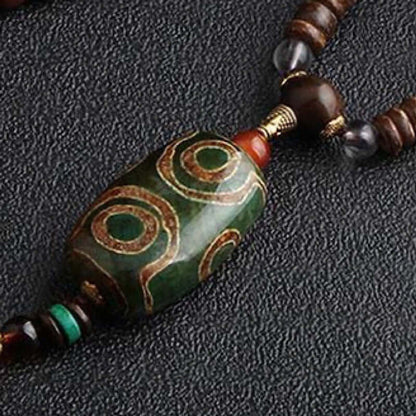 BUDDHIST MALA - Wood Bead Necklace -  Green Agate Large Dzi Pendant & Necklace Ethnic Long necklace for Men & Boys  (36 Inch) - THE MEN THING