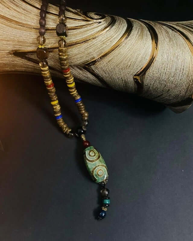 BUDDHIST MALA - Wood Bead Necklace -  Green Agate Large Dzi Pendant & Necklace Ethnic Long necklace for Men & Boys  (36 Inch) - THE MEN THING