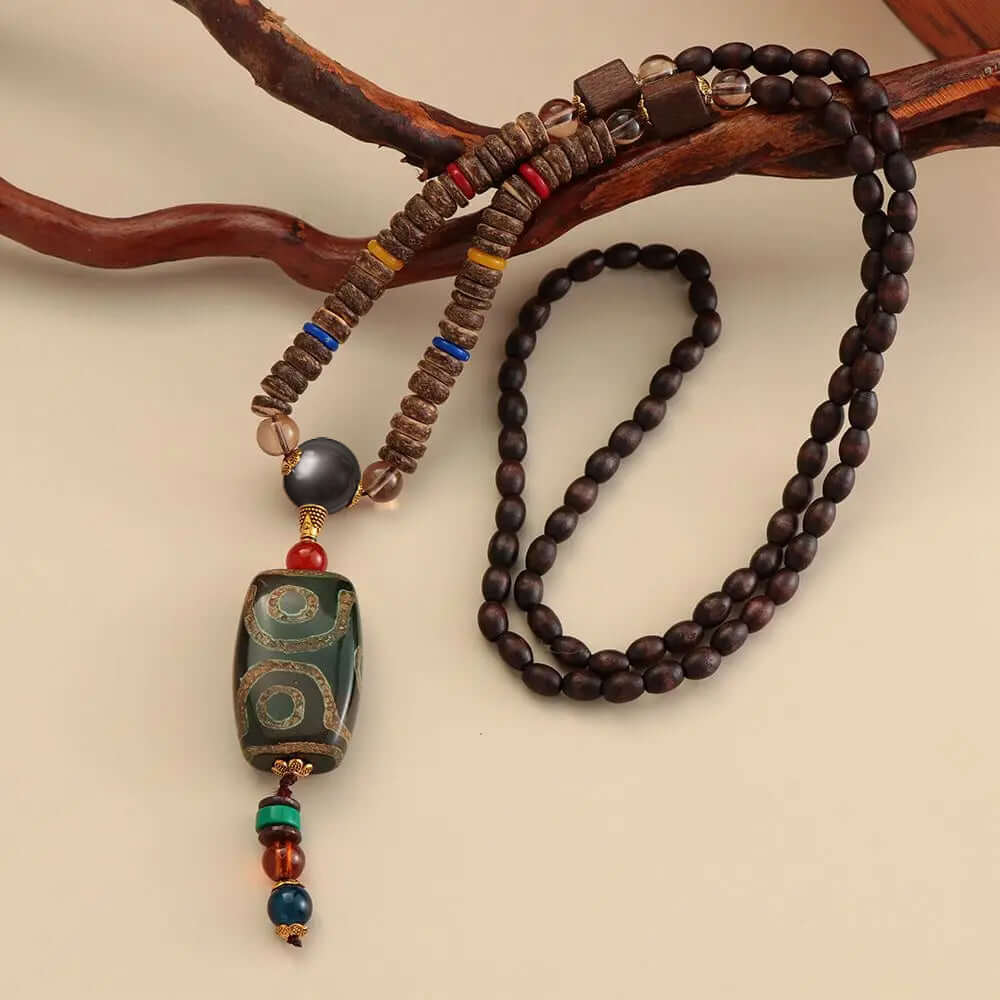 BUDDHIST MALA - Wood Bead Necklace -  Green Agate Large Dzi Pendant & Necklace Ethnic Long necklace for Men & Boys  (36 Inch) - THE MEN THING