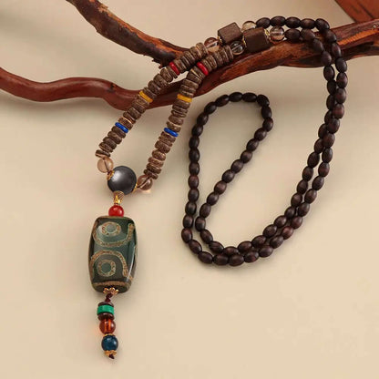BUDDHIST MALA - Wood Bead Necklace -  Green Agate Large Dzi Pendant & Necklace Ethnic Long necklace for Men & Boys  (36 Inch) - THE MEN THING