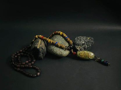 BUDDHIST MALA - Wood Bead Necklace -  Green Agate Large Dzi Pendant & Necklace Ethnic Long necklace for Men & Boys  (36 Inch) - THE MEN THING