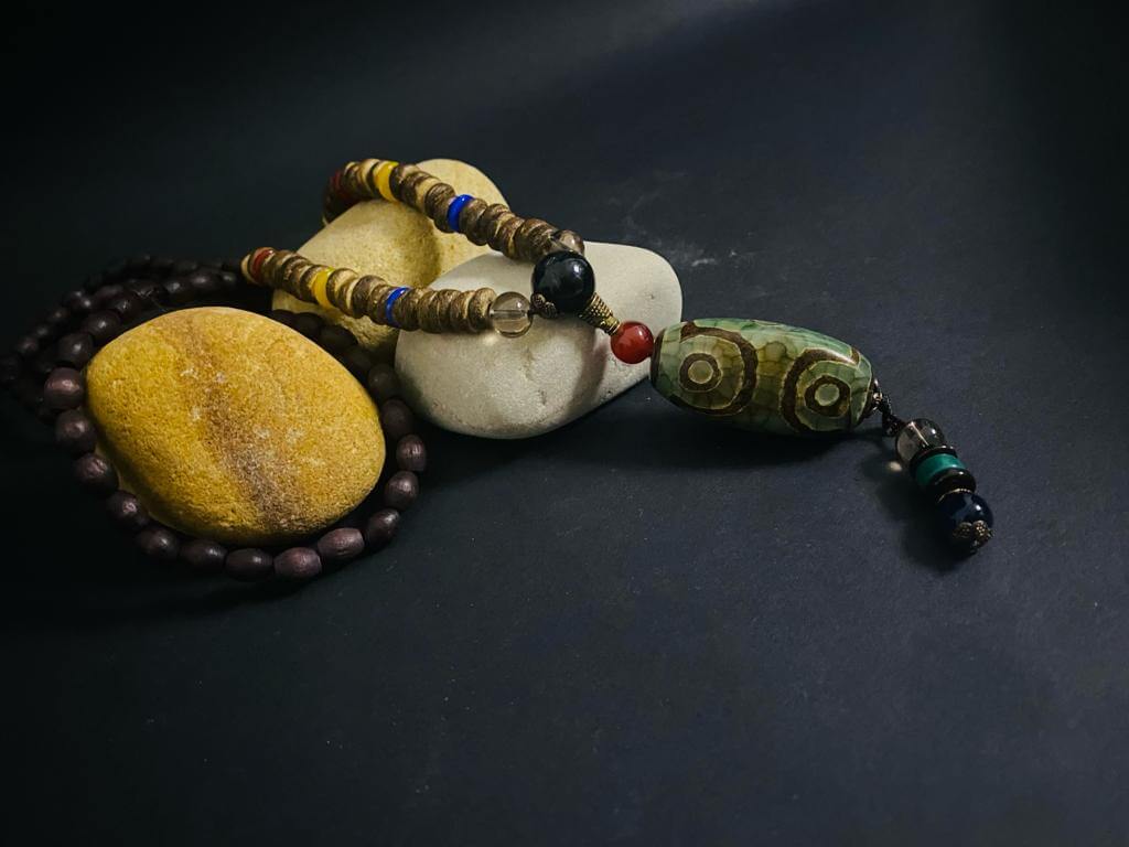 BUDDHIST MALA - Wood Bead Necklace -  Green Agate Large Dzi Pendant & Necklace Ethnic Long necklace for Men & Boys  (36 Inch) - THE MEN THING