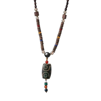 BUDDHIST MALA - Wood Bead Necklace -  Green Agate Large Dzi Pendant & Necklace Ethnic Long necklace for Men & Boys  (36 Inch)