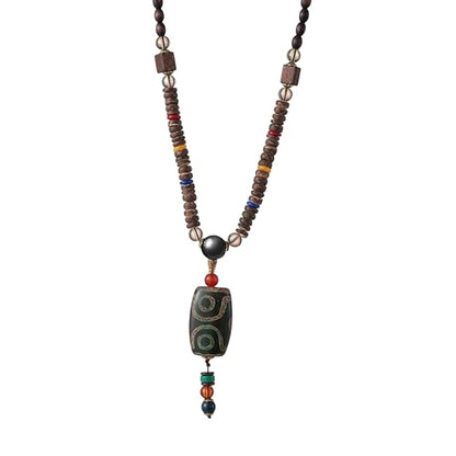 BUDDHIST MALA - Wood Bead Necklace -  Green Agate Large Dzi Pendant & Necklace Ethnic Long necklace for Men & Boys  (36 Inch) - THE MEN THING