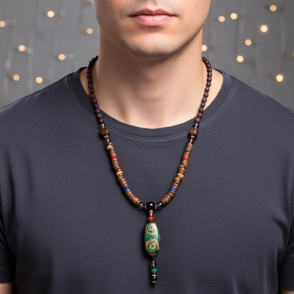 BUDDHIST MALA - Wood Bead Necklace -  Green Agate Large Dzi Pendant & Necklace Ethnic Long necklace for Men & Boys  (36 Inch) - THE MEN THING