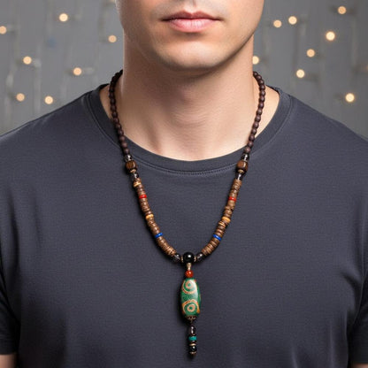 BUDDHIST MALA - Wood Bead Necklace -  Green Agate Large Dzi Pendant & Necklace Ethnic Long necklace for Men & Boys  (36 Inch) - THE MEN THING