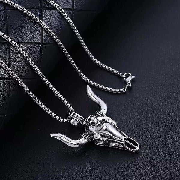BULL HEAD - Pendant with Pure Titanium Steel 24inch Round Box Chain for Men - American trending Style