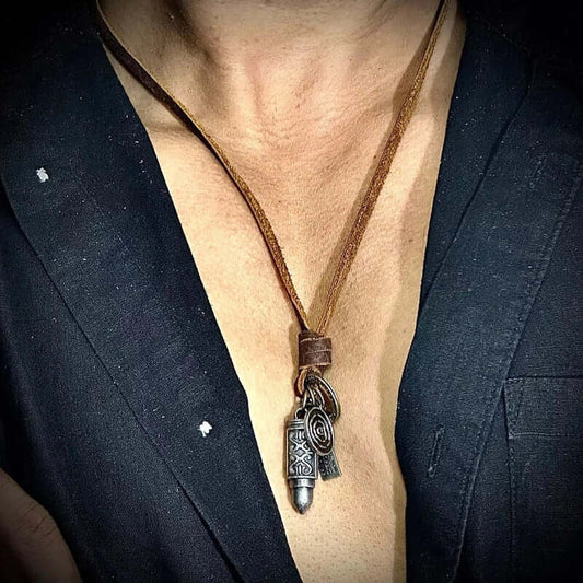 BULLET CREED BROWN - Vintage Alloy Gold Bullet Pendant with Adjustable Pure Leather Cord Necklace for Men & Boys - THE MEN THING