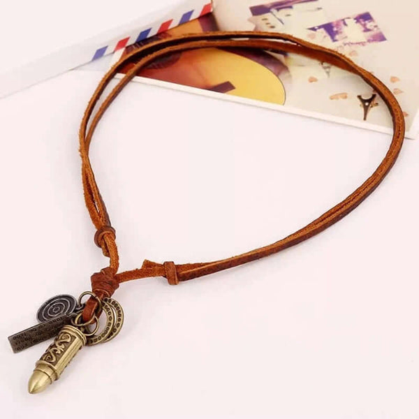 BULLET CREED BROWN - Vintage Alloy Gold Bullet Pendant with Adjustable Pure Leather Cord Necklace for Men & Boys
