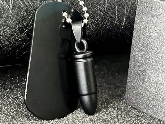 BULLET DOG TAG (Black)- Titanium Steel Pendant with 24inch Round Box Chain, American trending Style for Men & Boys - THE MEN THING