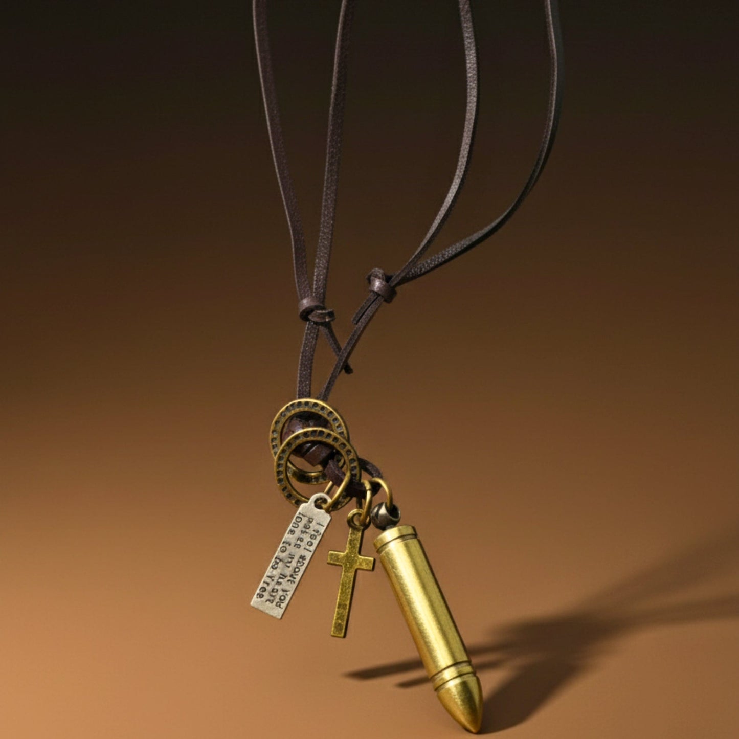BULLET FAITH - Titanium Steel Gold BULLET  Pendant with Adjustable Pure Leather Cord Necklace for Men & Boys - THE MEN THING