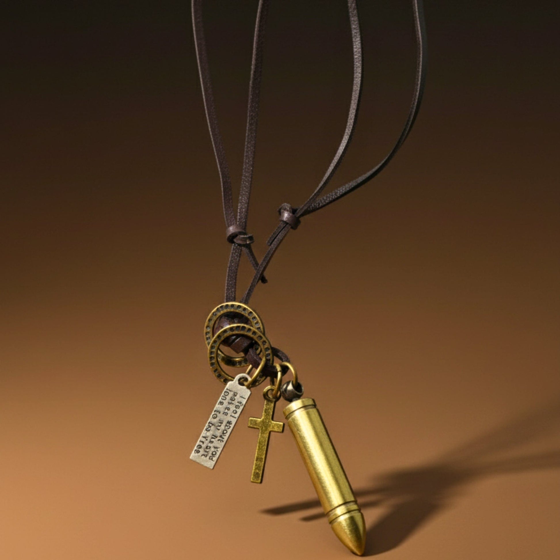 BULLET FAITH - Titanium Steel Gold BULLET  Pendant with Adjustable Pure Leather Cord Necklace for Men & Boys - THE MEN THING