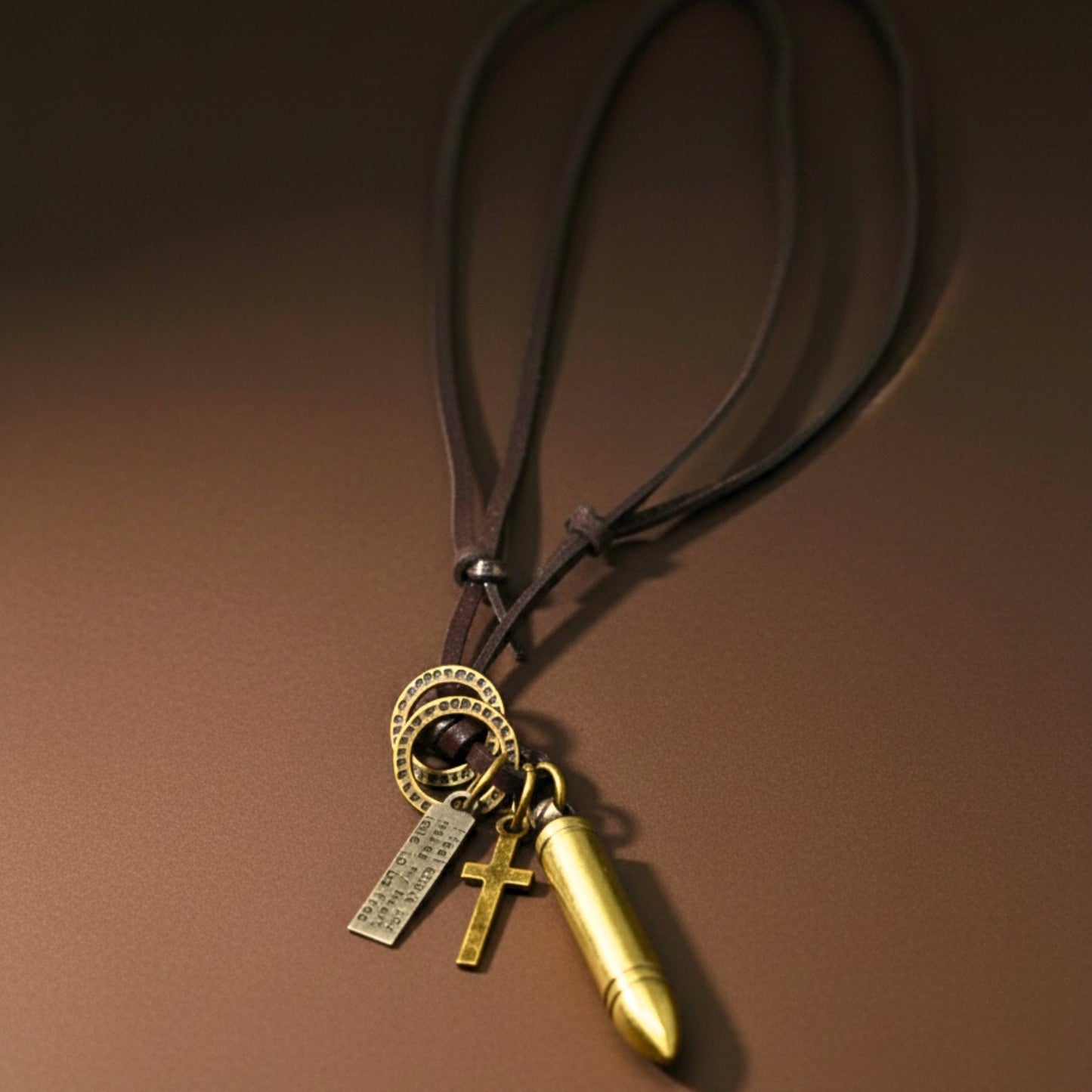 BULLET FAITH - Titanium Steel Gold BULLET  Pendant with Adjustable Pure Leather Cord Necklace for Men & Boys - THE MEN THING