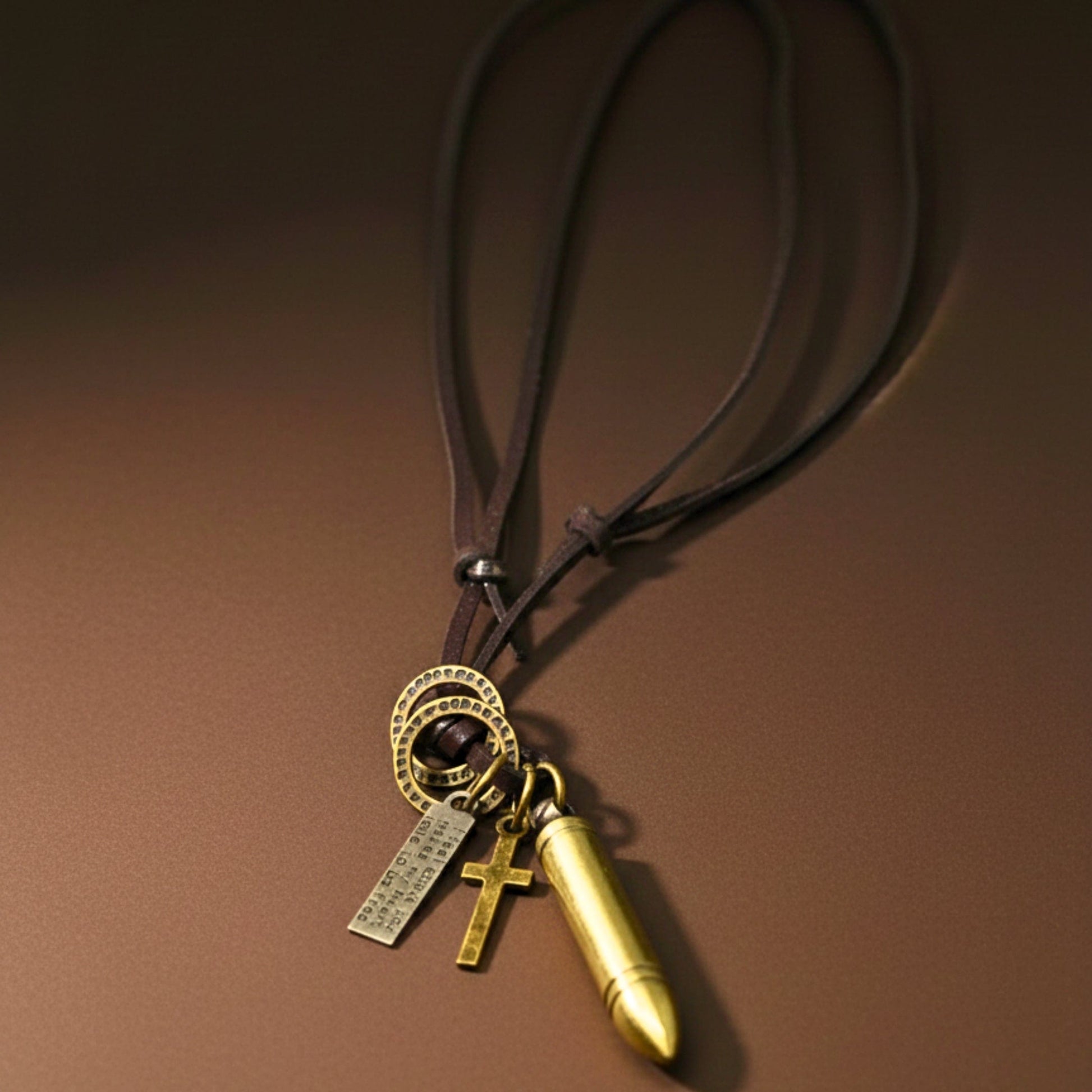 BULLET FAITH - Titanium Steel Gold BULLET  Pendant with Adjustable Pure Leather Cord Necklace for Men & Boys - THE MEN THING
