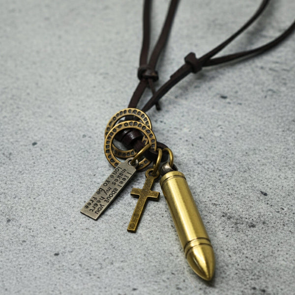 BULLET FAITH - Titanium Steel Gold BULLET  Pendant with Adjustable Pure Leather Cord Necklace for Men & Boys
