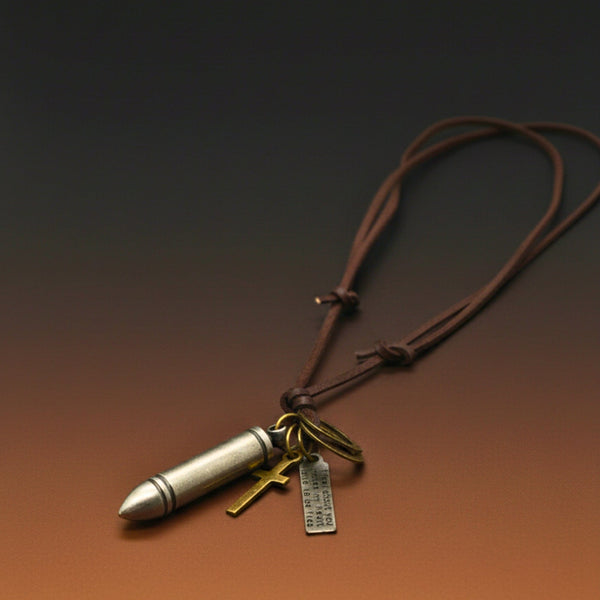 BULLET FAITH - Titanium Steel SILVER BULLET  Pendant with Adjustable Pure Leather Cord Necklace for Men & Boys