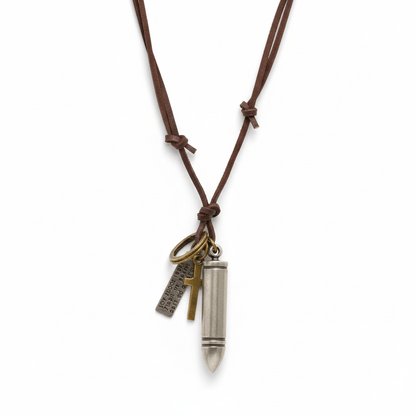 BULLET FAITH - Titanium Steel SILVER BULLET  Pendant with Adjustable Pure Leather Cord Necklace for Men & Boys - THE MEN THING