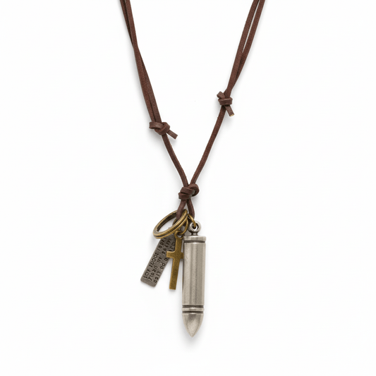 BULLET FAITH - Titanium Steel SILVER BULLET  Pendant with Adjustable Pure Leather Cord Necklace for Men & Boys - THE MEN THING