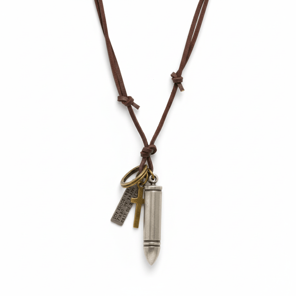 BULLET FAITH - Titanium Steel SILVER BULLET  Pendant with Adjustable Pure Leather Cord Necklace for Men & Boys