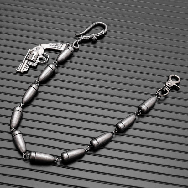 BULLET REVOLVER - Antique Steel 13mm Titanium Steel Skull Heavy Biker Chain for Jeans with Lobster Clasps for Men & Boys - 20 inch