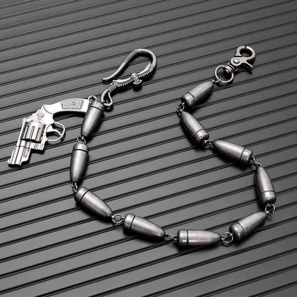 BULLET REVOLVER - Antique Steel 13mm Titanium Steel Skull Heavy Biker Chain for Jeans with Lobster Clasps for Men & Boys - 20 inch