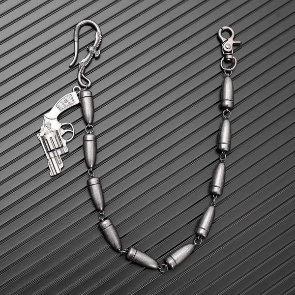 BULLET REVOLVER - Antique Steel 13mm Titanium Steel Skull Heavy Biker Chain for Jeans with Lobster Clasps for Men & Boys - 20 inch