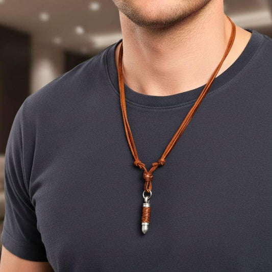 BULLETWRAP BROWN - Vintage Alloy Bullet Pendant with Adjustable Pure Leather Cord Necklace for Men & Boys - THE MEN THING