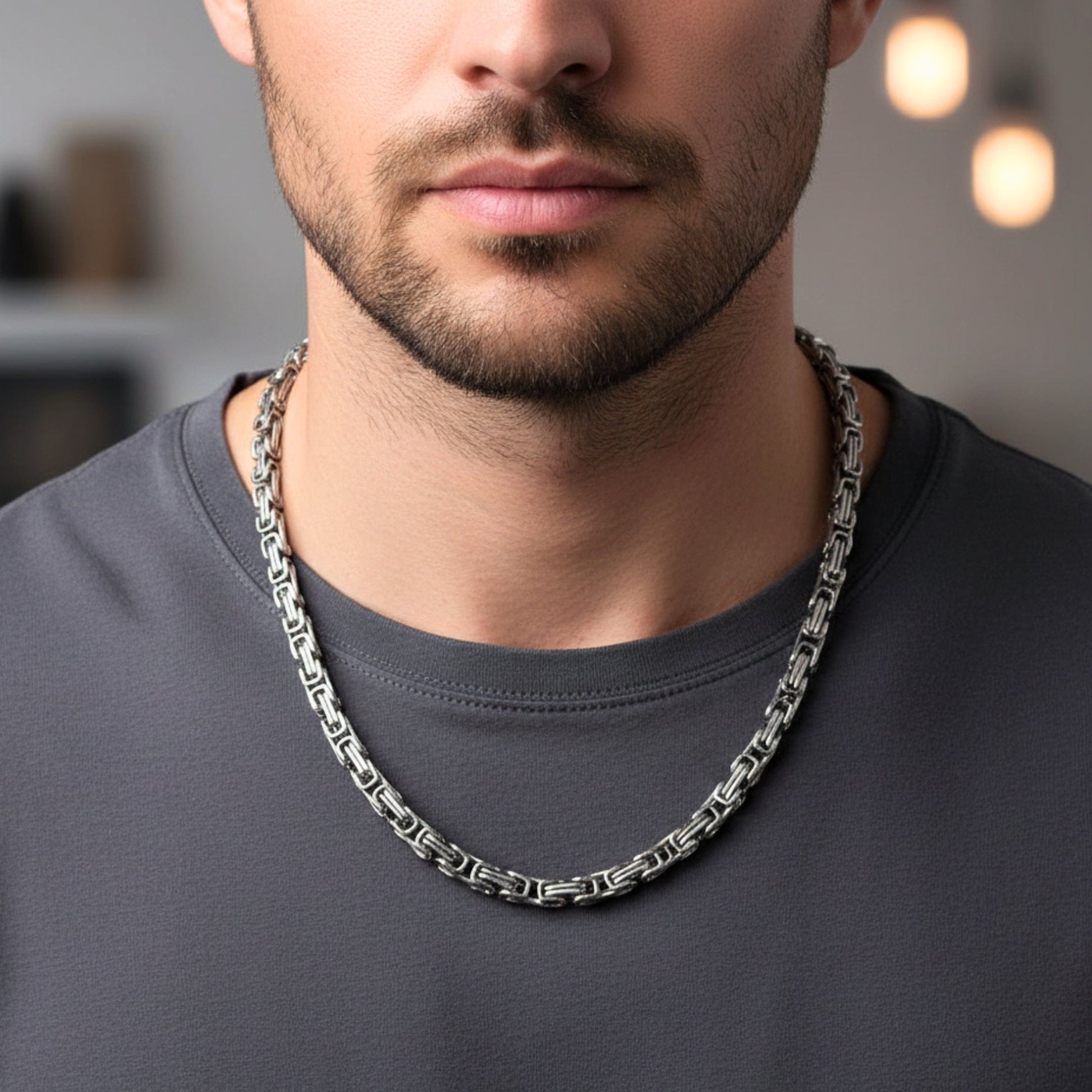 BYZANTINE CHAIN - 4.5mm Silver Tone Stainless Steel, 21.5inch for Men & Boys - THE MEN THING