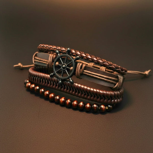 CAPTAIN DESTINY - 4 Pcs Genuine Leather Adjustable Bracelet Set for Men & Boys (8 inch)