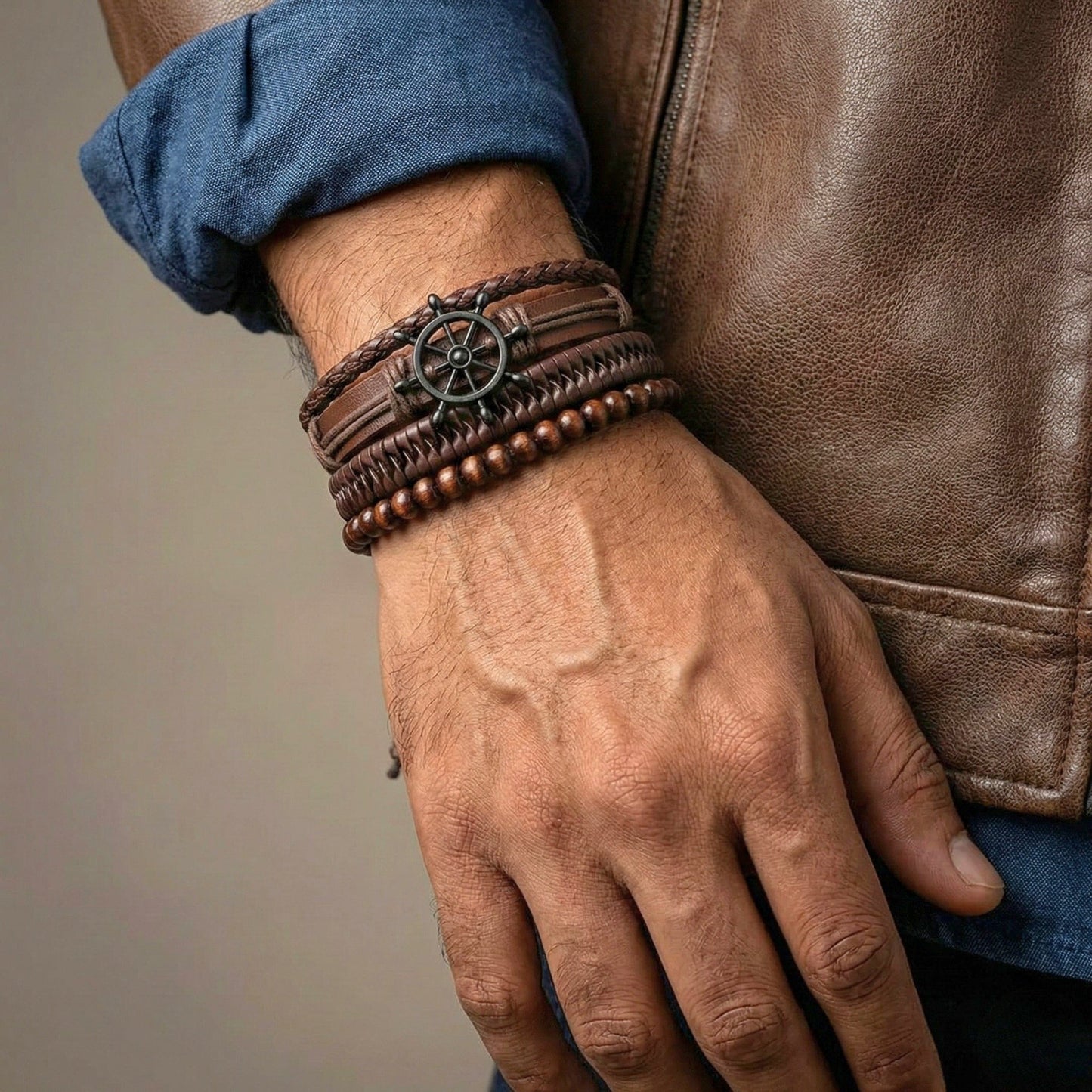 CAPTAIN DESTINY - 4 Pcs Genuine Leather Adjustable Bracelet Set for Men & Boys (8 inch) - THE MEN THING