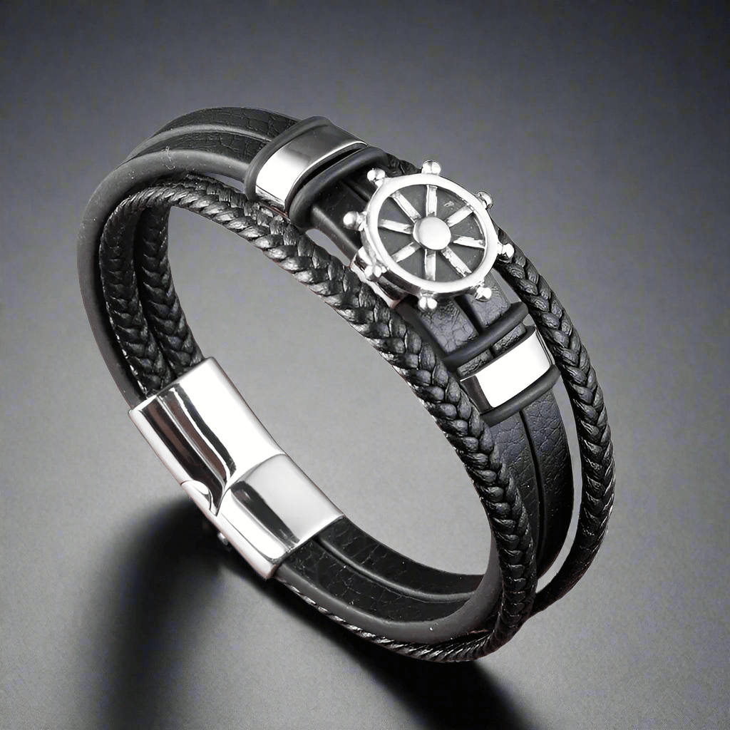 CAPTAIN HELM BLACK - Genuine Leather Braided Bracelet with Stainless Steel Magnetic Buckle for Men & Boys (8 inch) - THE MEN THING