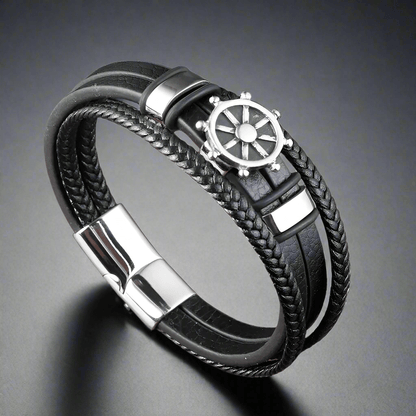 CAPTAIN HELM BLACK - Genuine Leather Braided Bracelet with Stainless Steel Magnetic Buckle for Men & Boys (8 inch) - THE MEN THING