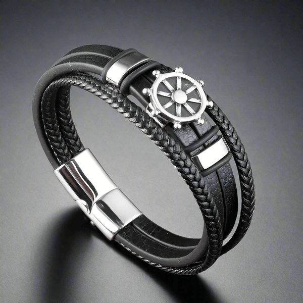 CAPTAIN HELM BLACK - Genuine Leather Braided Bracelet with Stainless Steel Magnetic Buckle for Men & Boys (8 inch)