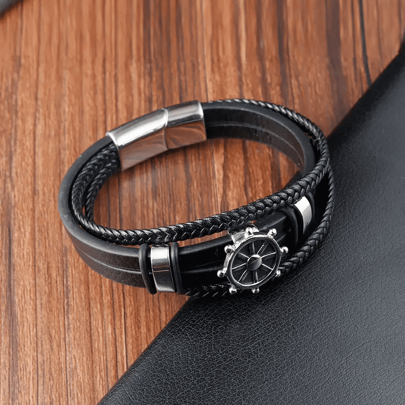 CAPTAIN HELM BLACK - Genuine Leather Braided Bracelet with Stainless Steel Magnetic Buckle for Men & Boys (8 inch) - THE MEN THING