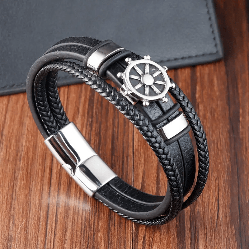 CAPTAIN HELM BLACK - Genuine Leather Braided Bracelet with Stainless Steel Magnetic Buckle for Men & Boys (8 inch) - THE MEN THING