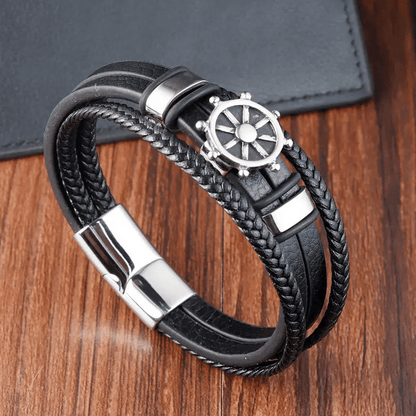 CAPTAIN HELM BLACK - Genuine Leather Braided Bracelet with Stainless Steel Magnetic Buckle for Men & Boys (8 inch) - THE MEN THING