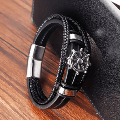 CAPTAIN HELM BLACK - Genuine Leather Braided Bracelet with Stainless Steel Magnetic Buckle for Men & Boys (8 inch) - THE MEN THING