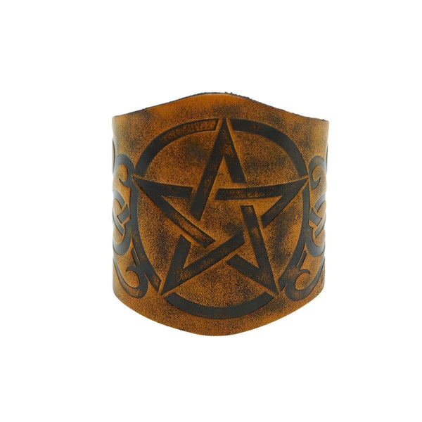 CELTIC STAR - 50.7mm Brown Genuine Leather Adjustable Bracelet for Men & Boys (9.5 inch)