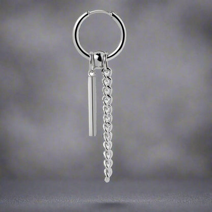 CHAIN AND BAR HUGGIE HOOP SILVER - Pure Titanium Steel Ear Hoop Earrings for Men & Boys (2 Pcs) - THE MEN THING