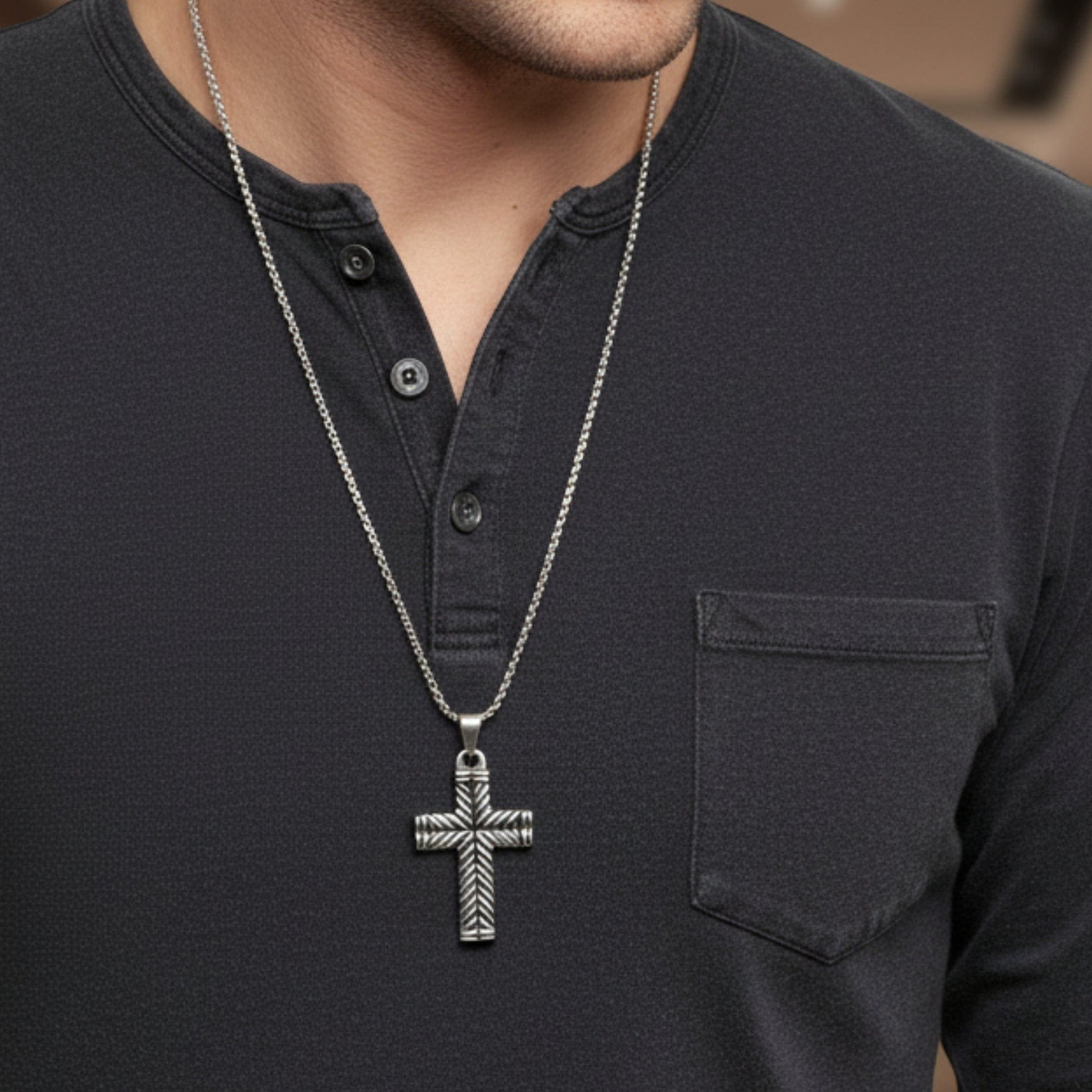 CHEVRON CROSS - 26mm Titanium Steel Pendant with 24inch Round Box 4mm Chain for Men & Boys - THE MEN THING