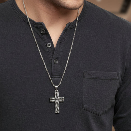 CHEVRON CROSS - 26mm Titanium Steel Pendant with 24inch Round Box 4mm Chain for Men & Boys - THE MEN THING