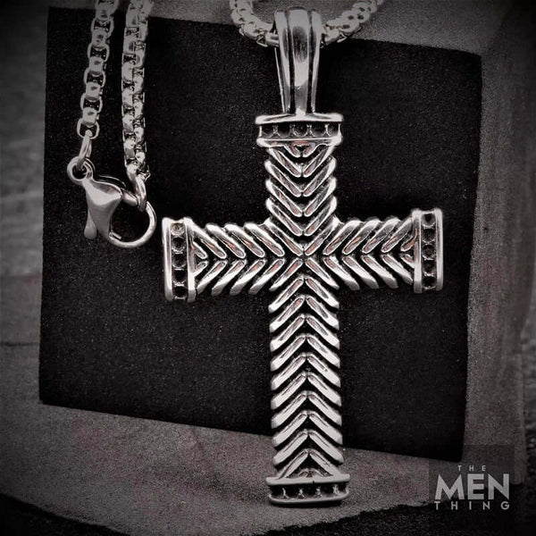 CHEVRON CROSS - Titanium Steel Pendant with 24inch Round Box Chain for Men & Boys