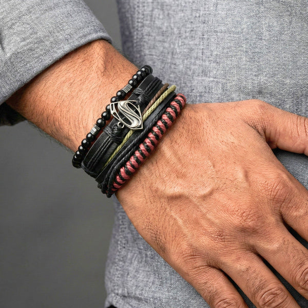 CLARK PHANTOM - 4 Pcs Genuine Leather Adjustable Bracelet Set for Men & Boys (8 inch)