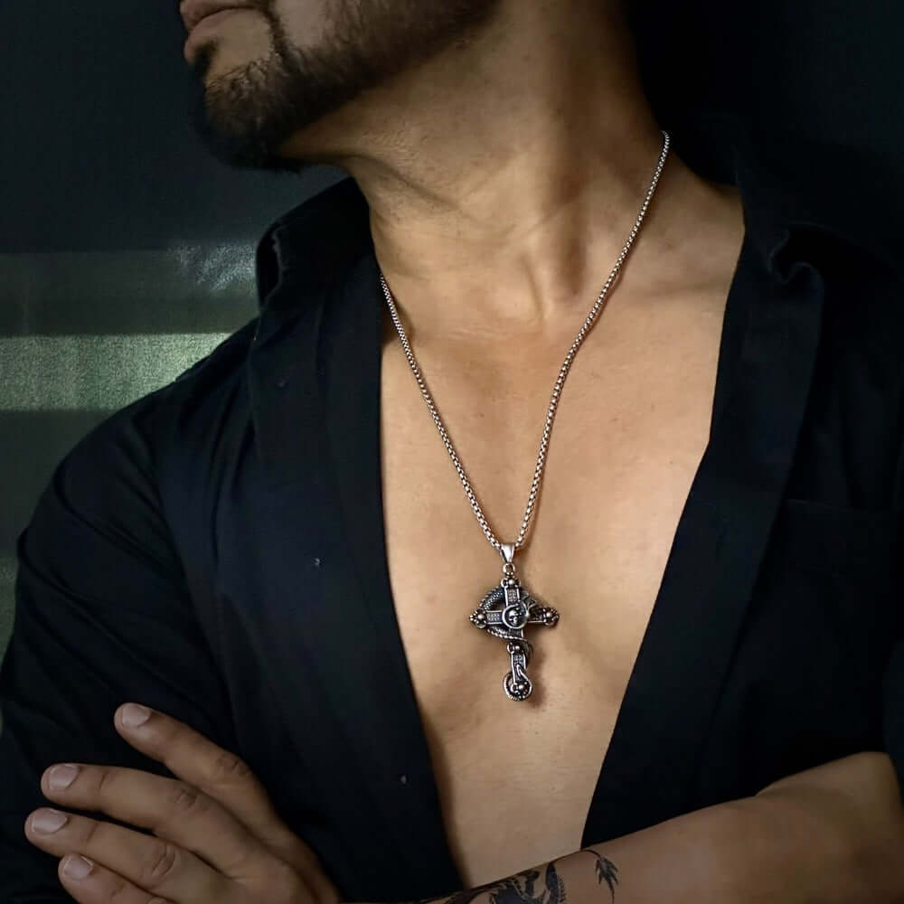 COBRA-CROSS - Alloy Snake Pendant with Pure Stainless Steel 24inch Round Box Chain, European trending Style for Men & Boy — SS Pendant/ Necklace for Men | THE MEN THING