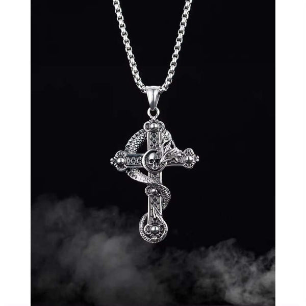 COBRA CROSS (T) - Pure Titanium Steel Pendant with Stainless Steel 24inch Round Box Chain, European trending Style for Men & Boy